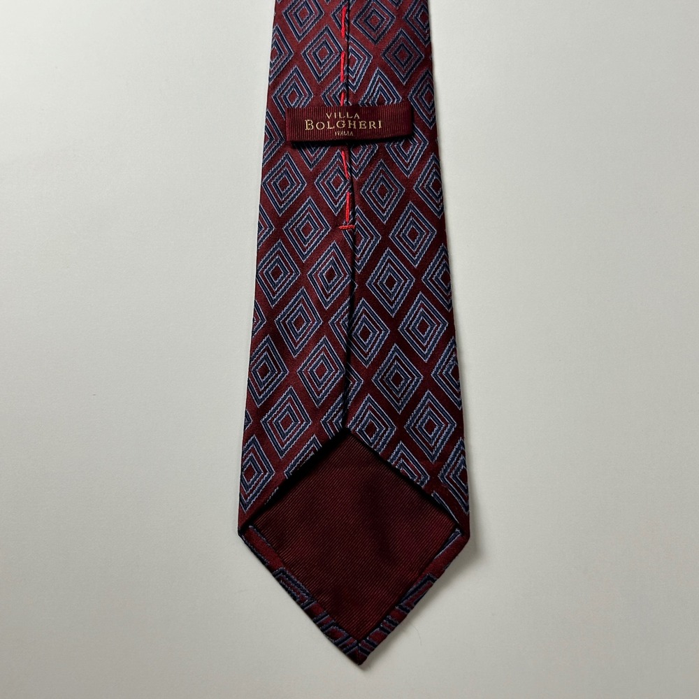 Villa Bolgheri Burgundy Blue Diamond Geometric Jacquard 100% Silk Tie Italy - Picture 3 of 10